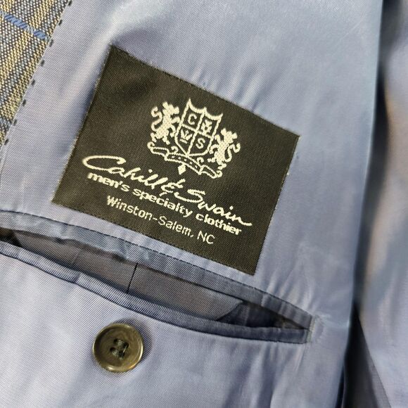 Enzo Tovare Blazer Mens 46R Gray Blue Windowpane Plaid 2 Button Sport Coat Wool - Picture 11 of 16